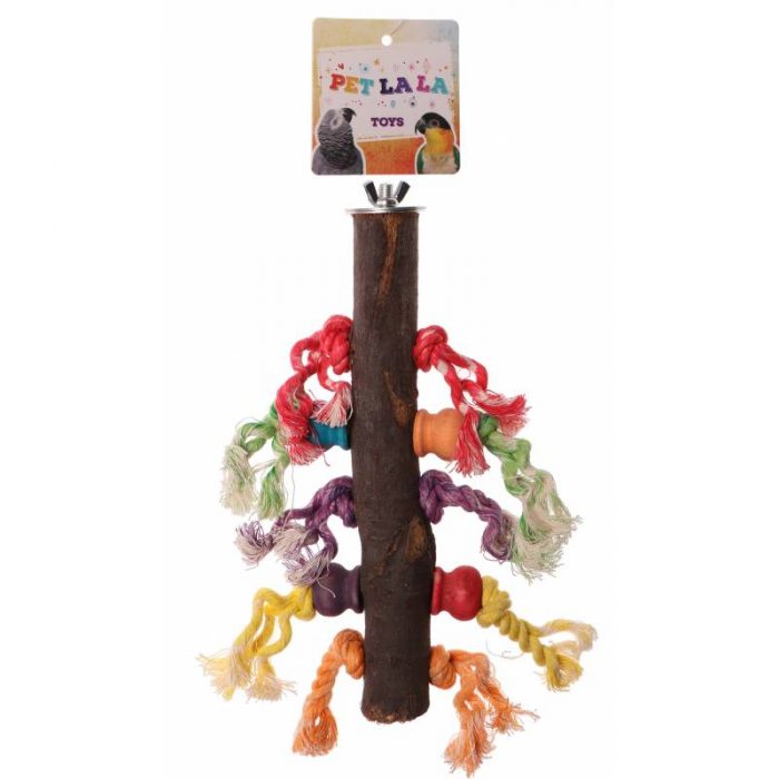 Percha de madera natural con cuerdas para loros