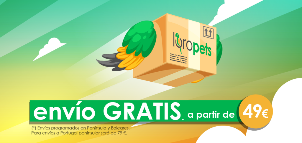 Envío gratis de productos loropets a partir de 49€ programados en Península y Baleares. Para envíos a Portugal peninsular será de 79€.
