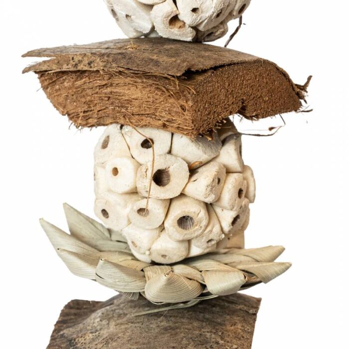 Detalle de juguete natural de cocos para loros