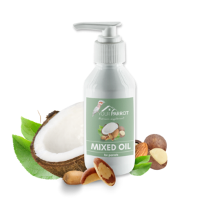 Bodegón de producto de aceite de frutos secos para aves y loros