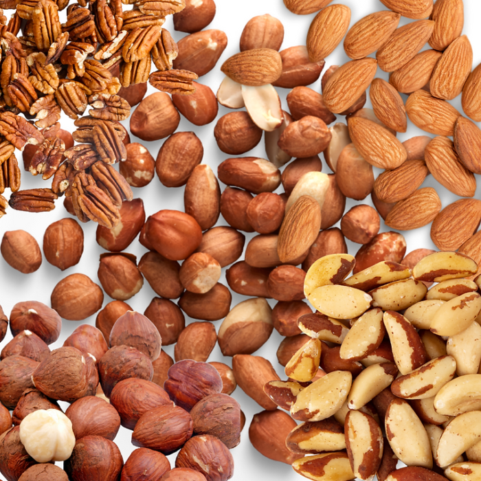 Conjunto de frutos secos, nueces, almendras, avellanas para loros y aves